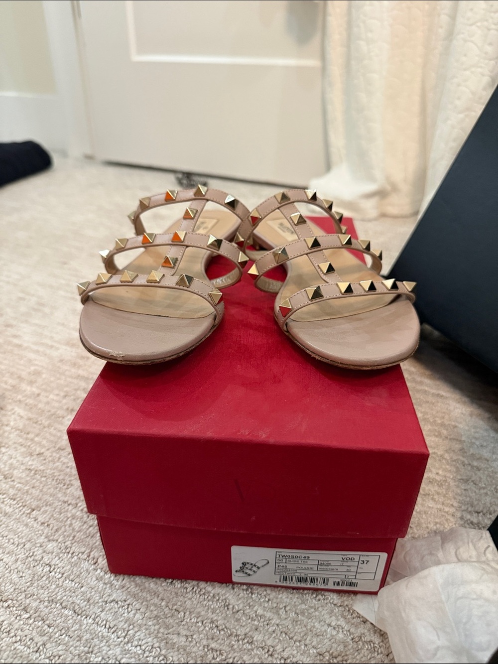 Valentino Garavani Nude Beige Rockstud Triple-Strap Slide Sandals